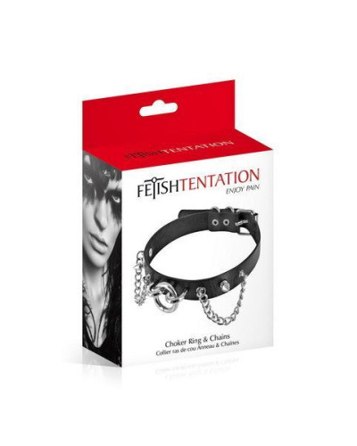 Нашийник ланцюжками, шипами і кільцем Fetish Tentation Choker Rings and Chains, екошкіра - Фото №2