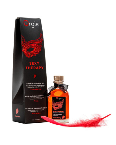 Набір для масажу Orgie – Sexy Therapy Strawberry (100 мл), їстівна розігрівальна олія + пір’їнка - Фото №1