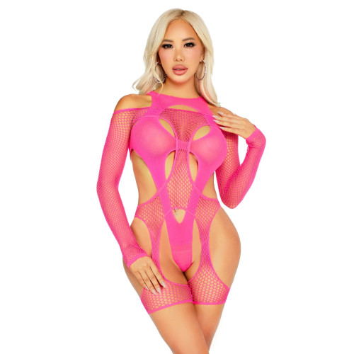 Бодістокінг Leg Avenue Fishnet Garter Harness and Teddy One Size Neon Pink