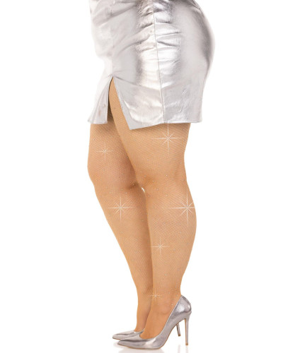 Колготки Leg Avenue Rhinestone micro net tights Plus size Caramel, дрібна сітка, стрази - Фото №3