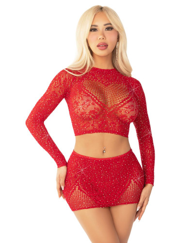 Комплект Leg Avenue Rhinestone Crop Top and Mini Skirt One Size, Red - Фото №1