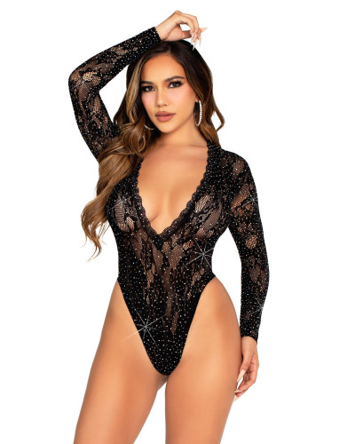 Боді Leg Avenue Rhinestone Lace Deep-V Bodysuit One Size, Black - Фото №1