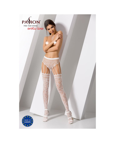 Еротичні колготки-бодістокінг Passion S003 white, імітація мереживних панчіх та трусиків - Фото №2