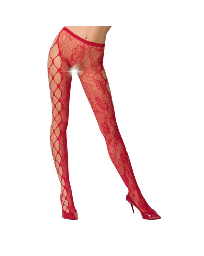 Эротические колготки-бодистокинг Passion S008 red, ажурные колготки с вырезом и лампасами-сеткой - Фото №1
