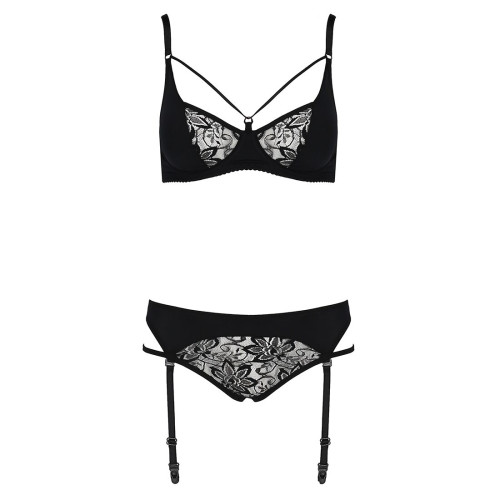 Комплект белья Passion PAULINE SET L/XL, black, стрэпы, лиф, стринги и пояс для чулок