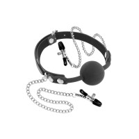 Кляп з силіконовою кулькою і затискачами для сосків Fetish Tentation Gag Ball with Nipple Clamps