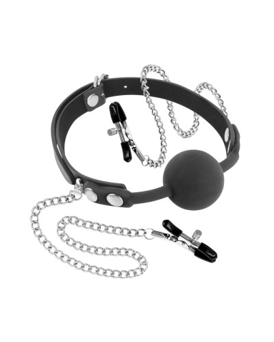 Кляп з силіконовою кулькою і затискачами для сосків Fetish Tentation Gag Ball with Nipple Clamps - Фото №1