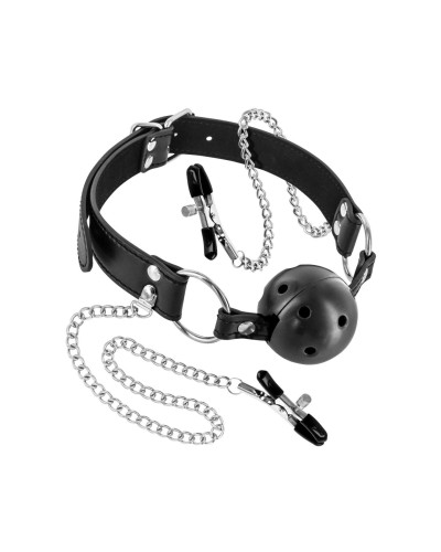 Повітропроникний кляп із затискачами для сосків Fetish Tentation Rigid Gag Ball with Nipple Clamps - Фото №1