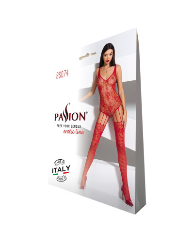 Ажурный бодистокинг с имитацией чулок Passion BS074 red - Фото №4