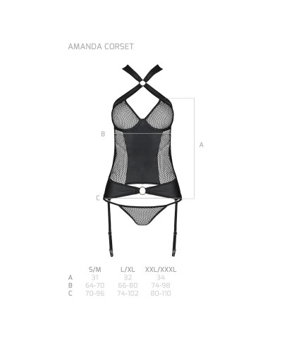 Сітчастий комплект корсет з халтером, зйомні підв'язки та трусики Passion AMANDA CORSET L/XL, black - Фото №7