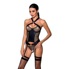 Сетчатый комплект корсет с халтером, съемные подвязки и трусики Passion AMANDA CORSET S/M, black