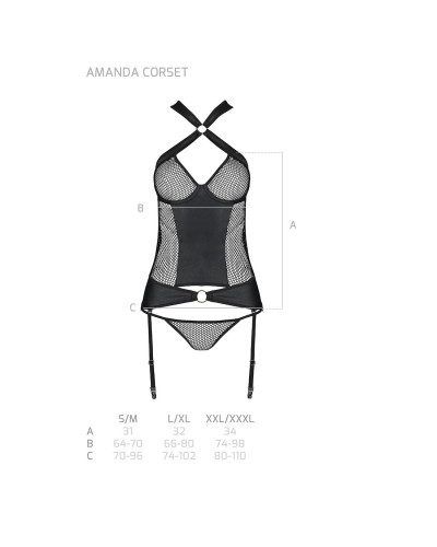 Сітчастий комплект корсет з халтером, зйомні підв'язки та трусики Passion AMANDA CORSET S/M, black - Фото №7