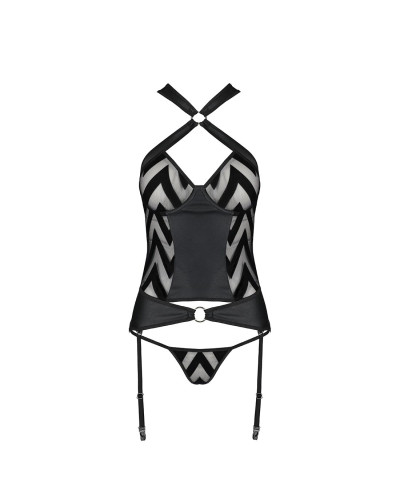 Сітчастий комплект з візерунком Passion HIMA CORSET L/XL black корсет з халтером, підв'язки, трусики - Фото №5