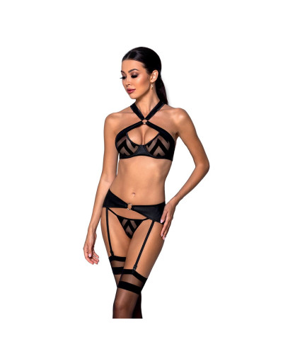 Сетчатый набор с узором, бюстгальтер, трусики, пояс для чулок Passion HIMA SET L/XL black - Фото №1