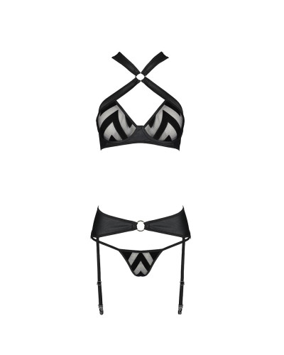 Сетчатый набор с узором, бюстгальтер, трусики, пояс для чулок Passion HIMA SET L/XL black - Фото №3