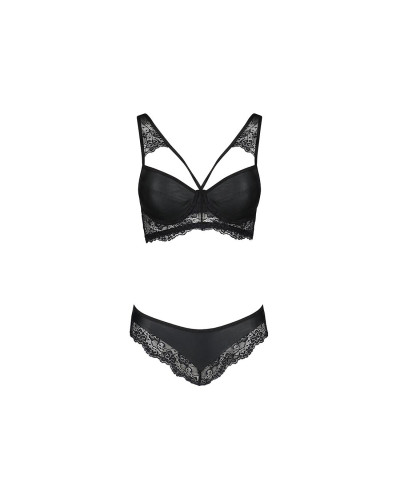 Комплект з еко-шкіри та мережива Passion LOONA SET S/M, black, бра і трусики - Фото №5