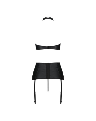 Комплект з еко-шкіри з імітацією шнурівки Passion NANCY SET L/XL black топ, трусики, пояс для панчіх - Фото №4