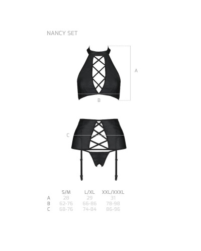 Комплект з еко-шкіри з імітацією шнурівки Passion NANCY SET L/XL black топ, трусики, пояс для панчіх - Фото №5