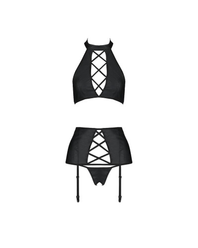 Комплект з еко-шкіри імітація шнурівки Passion NANCY SET XXL/XXXL black топ трусики пояс для панчіх - Фото №3