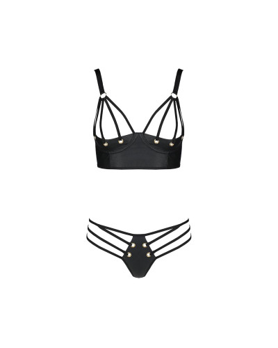 Комплект из эко-кожи с люверсами и ремешками Passion MALWIA BIKINI S/M, black, бра и трусики - Фото №3