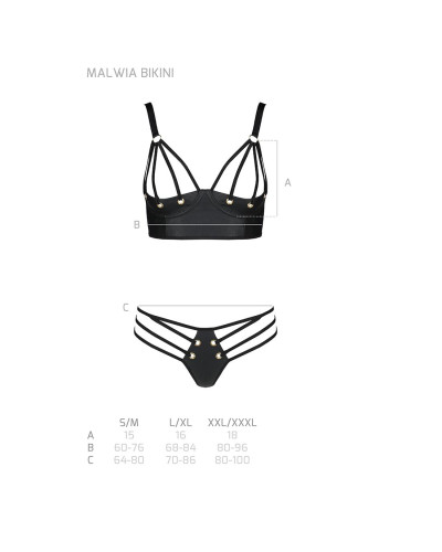 Комплект из эко-кожи с люверсами и ремешками Passion MALWIA BIKINI S/M, black, бра и трусики - Фото №5