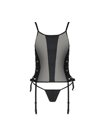 Сетчатый корсет с люверсами и съемными пажами Passion MALWIA CORSET S/M, black, эко-кожа, стринги - Фото №5