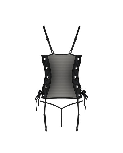 Сетчатый корсет с люверсами и съемными пажами Passion MALWIA CORSET S/M, black, эко-кожа, стринги - Фото №6