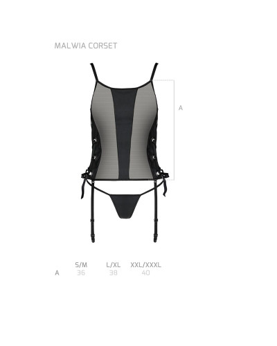 Сетчатый корсет с люверсами и съемными пажами Passion MALWIA CORSET S/M, black, эко-кожа, стринги - Фото №7
