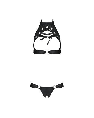 Комплект відкритий топ та трусики з екошкіри з люверсами Passion MALWIA SET with Open Bra L/XL black - Фото №3