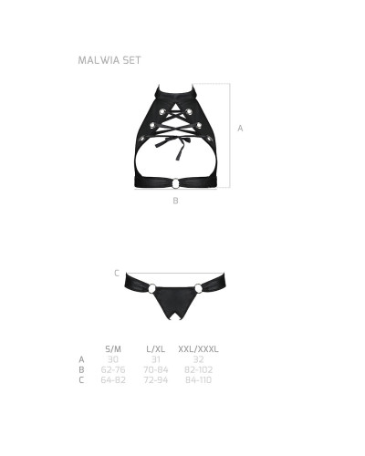 Комплект відкритий топ та трусики з екошкіри з люверсами Passion MALWIA SET with Open Bra L/XL black - Фото №5
