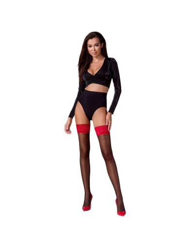Панчохи Passion ST120 1/2 black-red, на ажурній силіконовій резинці, з вишуканим декором та люре - Фото №3