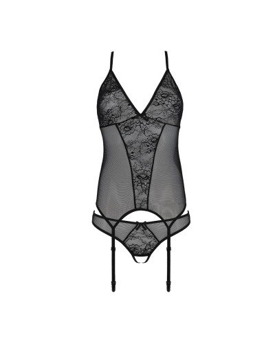 Корсет із пажами, трусики з ажурним декором та відкритим кроком Passion URSULA CORSET XXL/XXXL black - Фото №4