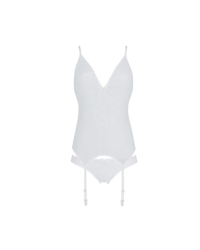 Корсет із пажами, трусики з ажурним декором та відкритим кроком Passion URSULA CORSET L/XL, white - Фото №3