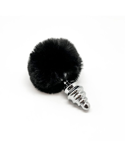 Металева анальна пробка Кролячий хвостик Alive Fluffy Twist Plug M Black, діаметр 3,4 см - Фото №2