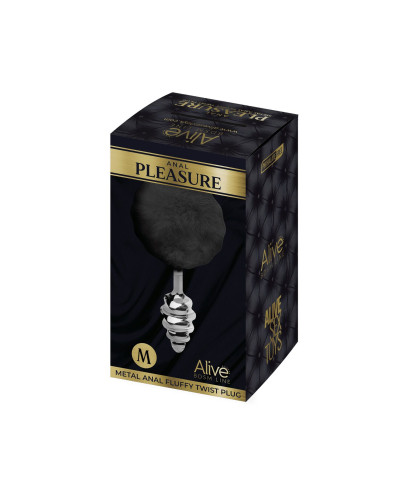 Металева анальна пробка Кролячий хвостик Alive Fluffy Twist Plug M Black, діаметр 3,4 см - Фото №3