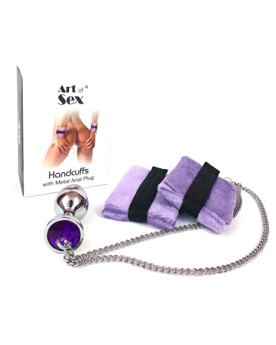 Наручники з металевою анальною пробкою Art of Sex Handcuffs with Metal Anal Plug size M Purple - Фото №1