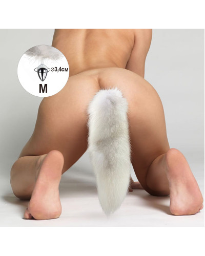 Металева анальна пробка з хвостом із натурального хутра Art of Sex size M White fox - Фото №4