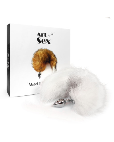 Металева анальна пробка з хвостом із натурального хутра Art of Sex size M White fox - Фото №5