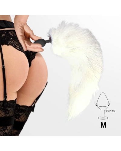 Силіконова анальна пробка з хвостом із натурального хутра Art of Sex size M White fox - Фото №4