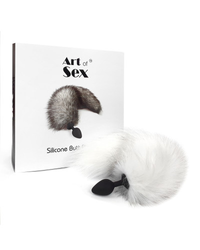 Силіконова анальна пробка з хвостом із натурального хутра Art of Sex size M White fox - Фото №5