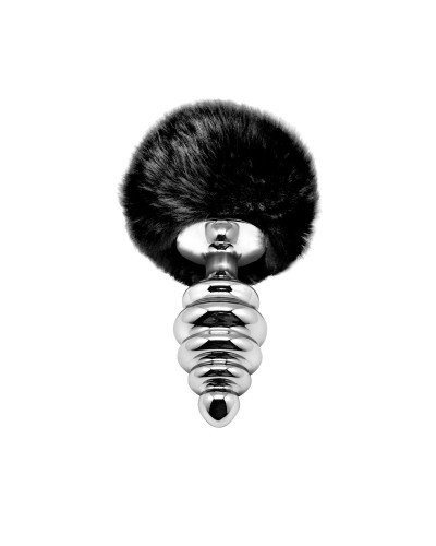 Металлическая анальная пробка Кроличий хвостик Alive Fluffy Twist Plug L Black, диаметр 3,8 см - Фото №1