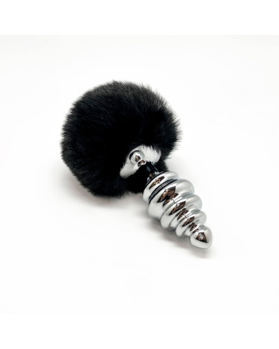 Металлическая анальная пробка Кроличий хвостик Alive Fluffy Twist Plug L Black, диаметр 3,8 см - Фото №2