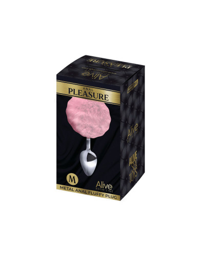 Металлическая анальная пробка Кроличий хвостик Alive Fluffy Plug M Pink, диаметр 3,4 см - Фото №2