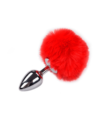 Металева анальна пробка Кролячий хвостик Alive Fluffy Plug M Red, діаметр 3,4 см - Фото №1