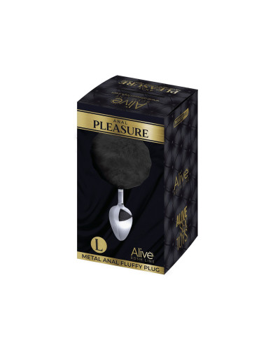 Металева анальна пробка Кролячий хвостик Alive Fluffy Plug L Black, діаметр 3,9 см - Фото №2