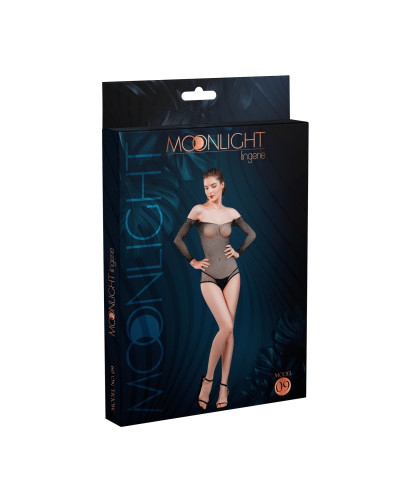 Сетчатое боди со стразами Moonlight Model 09 XS-L Black, открытые плечи - Фото №3