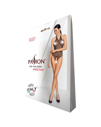 Бодистокинг в крупную сетку Passion BS087 black, открытая спина, халтер, с доступом - Фото №8