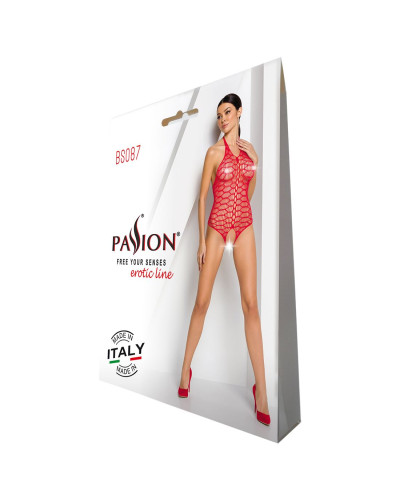 Бодістокінг у велику сітку Passion BS087 red, відкрита спина, халтер, з доступом - Фото №6