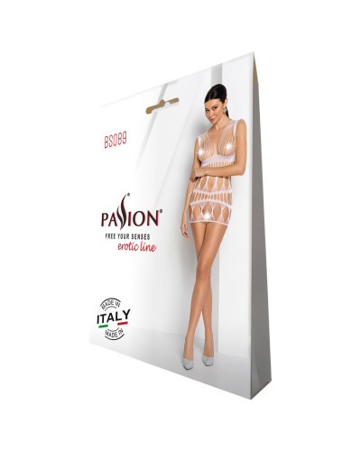 Бодістокінг-сукня Passion BS089 white, міні, плетіння у вигляді павутини - Фото №6