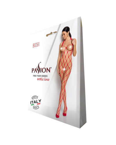 Бодистокинг в очень крупную сетку Passion BS091 red, с доступом - Фото №4